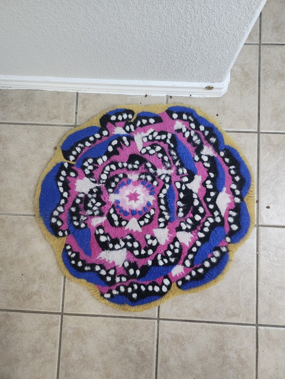 IKEA Round Floral Mini Rug – Pink, Blue, Black & Yellow